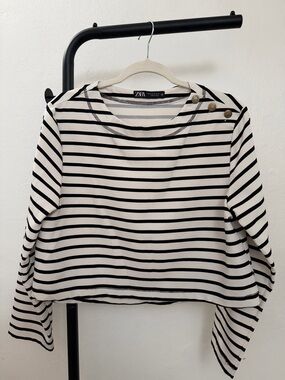 ZARA Black & White Striped Long Sleeve Top with Shoulder Buttons